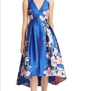 Eliza J High Low Blue Dress with Pink Floral Pattern